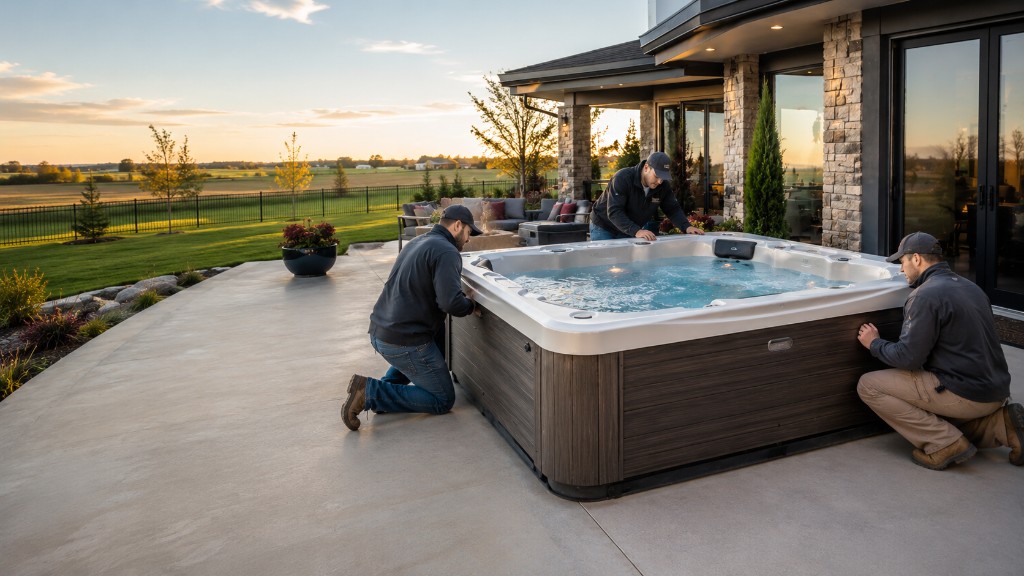 The Hot Tub Store team installing a spa in a backyard